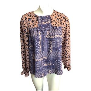 ANDREE BY UNIT Blue and Tan Patterned Boho Blouse